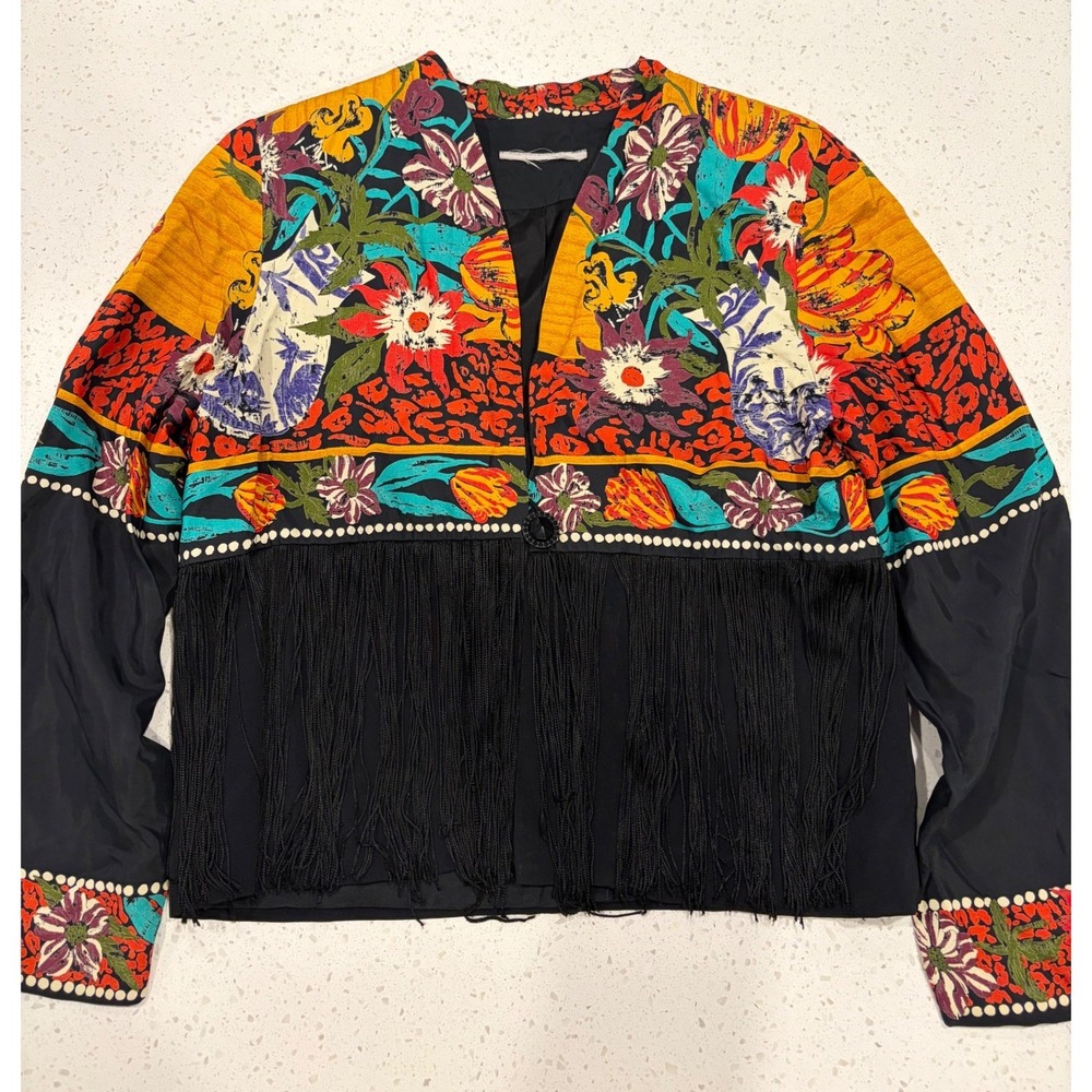 Vintage Floral Leopard Fringe Blazer Jacket Multi-Color Rayon Size 10 USA Made